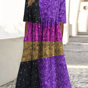 Women Geometric Crew Neck Short Sleeve Comfy Casual Maxi Dress, Maxi, color:Purple|size:3XL, catalog Noracora shop