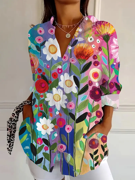 Women's Long Sleeve Shirt Spring/Fall As Picture Floral Buckle Shirt Collar Daily Going Out Casual Top, Blouses, Lilicloth.com - Image 8