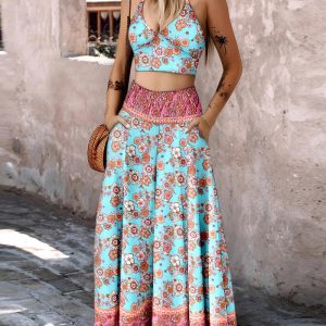 2 Pieces Outfit Floral Print Halter V Neck Crop Tank and Casual Shirred Maxi Skirt with Pockets, women Two-piece Sets, ChicMe catalog