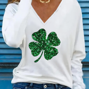 Women's Shamrock St. Patrick's Day Casual Long Sleeve V-Neck T-Shirt, Long sleeves, Lilicloth.com