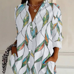 Women's Geometric Long Sleeve Shirt Spring/Fall Buckle Shirt Collar Daily Casual Top, JustFashionNow Shirts, color:White|size:XXL,