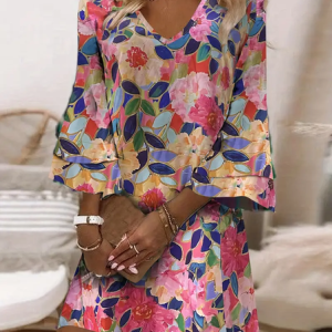 Women Floral V Neck Half Sleeve Comfy Casual Printing Midi Dress, Dresses, color:As Picture|size:5XL, catalog Noracora shop