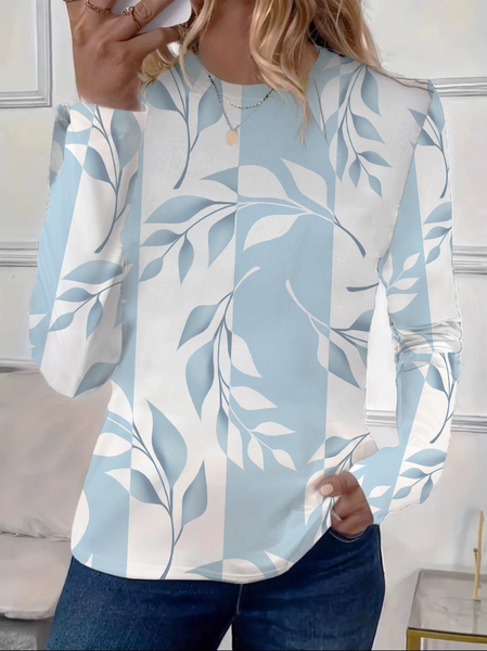 Women's Floral Long Sleeve Tee T-shirt Crew Neck Printing Casual Spring/Fall Graphic Tee Top, JustFashionNow T-Shirts, color:Blue-White|size:XXL,