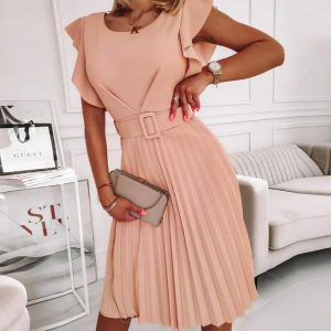 Flutter Sleeve Pleated Work Dress With Belt, women Work Dresses, ChicMe catalog
