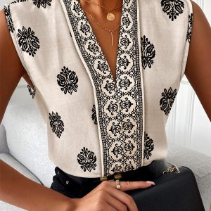 Floral Print V Neck Sleeveless Tank Top Casual Slim Fit Blouse, women Blouses & Shirts, ChicMe catalog