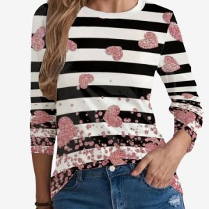 Women's Valentine's Day Striped Love Hear Print Long Sleeve T-shirt, JustFashionNow T-Shirts, color:White|size:XXL,