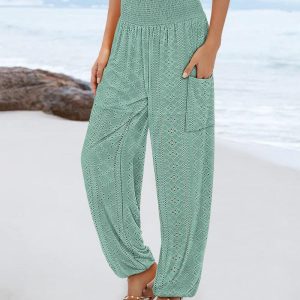 Hollow-out Shirred High Waist Cinched Hem Long Pants Vacation Pants with Pocket, women Pants, ChicMe catalog