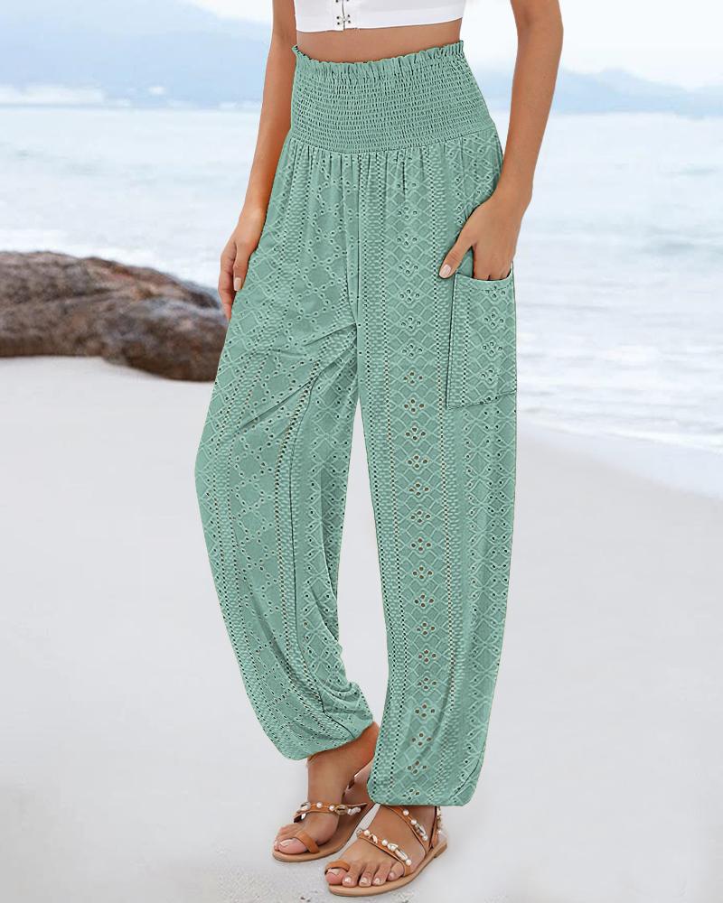 Hollow-out Shirred High Waist Cinched Hem Long Pants Vacation Pants with Pocket, women Pants, ChicMe catalog