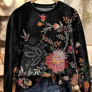 Women's Crew Neck Floral Printing Casual Spring/Fall Long Sleeve Sweatshirt, JustFashionNow Sweatshirts & Hoodies, color:Black|size:XXL,