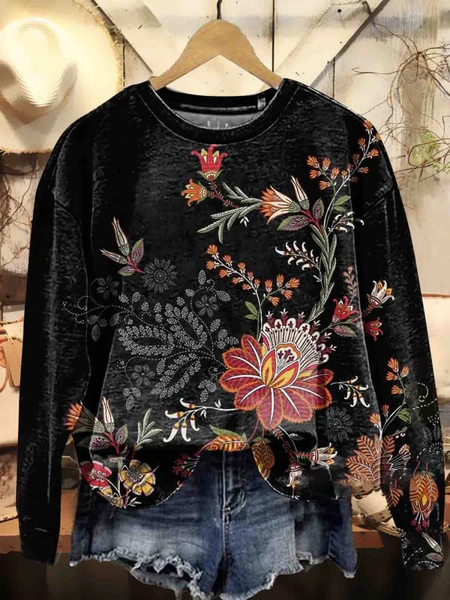 Women's Crew Neck Floral Printing Casual Spring/Fall Long Sleeve Sweatshirt, JustFashionNow Sweatshirts & Hoodies, color:Black|size:XXL,