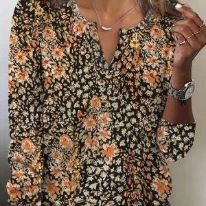 Women's Long Sleeve Tee T-shirt Spring/Fall Floral V Neck Casual Top, JustFashionNow T-Shirts, color:Black|size:XXL,
