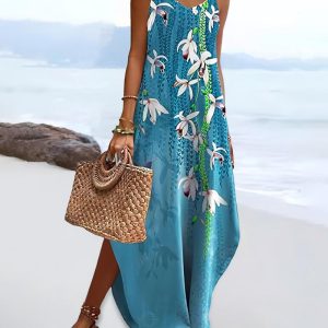 Floral Print V Neck Spaghetti Strap Boho Maxi Dress Casual Pocket Design Slit Vacation Sundress, women Casual Dresses, ChicMe catalog