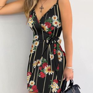 Glitter Floral Print V-Neck Spaghetti Strap Dress Casual Criss Cross Tied Detail Mini Dress, women Print Dresses, ChicMe catalog