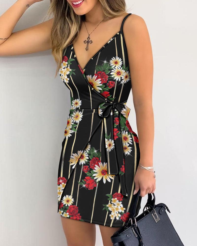 Glitter Floral Print V-Neck Spaghetti Strap Dress Casual Criss Cross Tied Detail Mini Dress, women Print Dresses, ChicMe catalog
