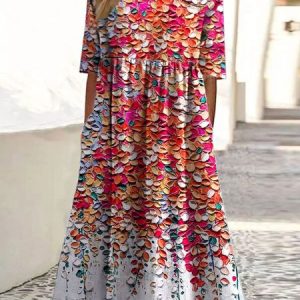 Women Floral Crew Neck Short Sleeve Comfy Casual Maxi Dress, Maxi, color:Red|size:3XL, catalog Noracora shop