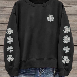 Women's St. Patrick's Day Floral Shamrock Printing Casual Spring/Fall Long Sleeve Sweatshirt, JustFashionNow Sweatshirts & Hoodies, color:Black|size:XXL,