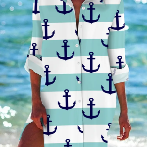 Women's Striped Long Sleeve Shirt Spring/Fall Printing Shirt Collar Daily Casual Top, JustFashionNow Shirts, color:Blue|size:5XL,