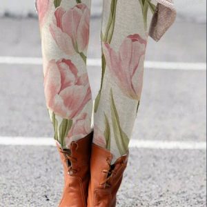 Women's Casual Floral Jersey All Season Long Leggings, JustFashionNow Leggings, color:Pink|size:XXL,