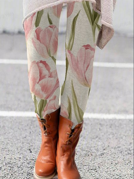 Women's Casual Floral Jersey All Season Long Leggings, JustFashionNow Leggings, color:Pink|size:XXL,
