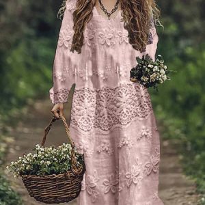 Women's Long Sleeve Spring/Fall Floral Jersey Dress V Neck Daily Going Out Casual Maxi A-Line T-Shirt Dress, JustFashionNow Dresses, color:Pink|size:XXL,