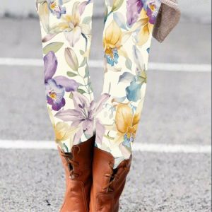 Women's Casual Floral Jersey All Season Long Leggings, JustFashionNow Leggings, color:White|size:XXL,