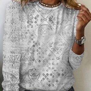 Women's Long Sleeve Tee T-shirt Spring/Fall Ethnic Jersey Crew Neck Daily Going Out Casual Top, JustFashionNow T-Shirts, color:Gray|size:XXL