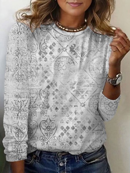 Women's Long Sleeve Tee T-shirt Spring/Fall Ethnic Jersey Crew Neck Daily Going Out Casual Top, JustFashionNow T-Shirts, color:Gray|size:XXL