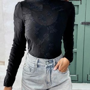 Lace Frill Hem Mock Neck Long Sleeve T-Shirt Sexy See Through Sheer Mesh Top, women T-shirt & Tees, ChicMe catalog
