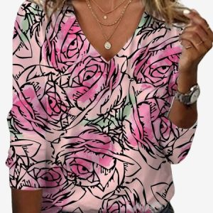 Women's Long Sleeve Tee T-shirt Spring/Fall Floral Jersey V Neck Holiday Going Out Casual Top, JustFashionNow T-Shirts, color:Pink|size:XXL,