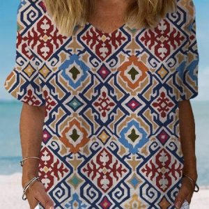 Women's Short Sleeve Blouse Summer Ethnic Cotton Crew Neck Daily Going Out Casual Top, JustFashionNow Blouses, color:Multicolor|size:XXL,