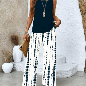 Women's Abstract Stripes Printing Two-Piece Set Daily Sleeveless Casual Summer Top With Pants Matching Set, JustFashionNow Suit Set, color:As Picture|size:XXL,