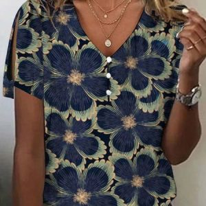 Women's Short Sleeve Tee T-shirt Summer Floral Buckle V Neck Casual Top, JustFashionNow T-Shirts, color:Blue|size:XXL,