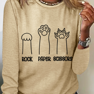 Rock Paper Scissors Hand Game Cute Paw Funny Cat Casual Text Letters Blouse, Long sleeves, Lilicloth.com