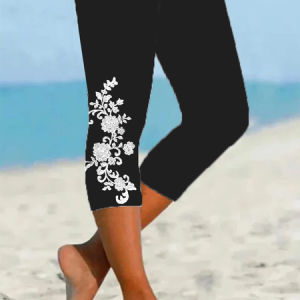 Women's Floral Capris Elastic Waist Pant Casual Summer Trousers, JustFashionNow Leggings, color:Black|size:XXL,