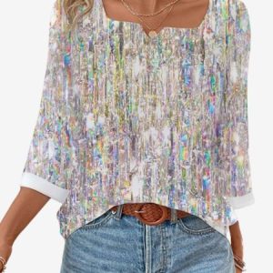 Women's Three Quarter Sleeve Blouse Spring/Fall Abstract Notched Daily Going Out Casual Top, JustFashionNow Blouses, color:Multicolor|size:XXL,