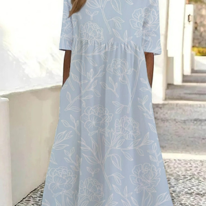 Women Floral Short Sleeve Summer Printing Dress Crew Neck Daily Casual Maxi Shift Dress H-Line Dress, JustFashionNow Casual Dresses, color:Blue|size:4XL,