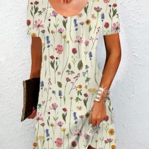 Women's Short Sleeve Summer Floral Jersey Dress Crew Neck Daily Going Out Casual Mini H-Line T-Shirt Dress, JustFashionNow Dresses, color:Apricot|size:XXL,