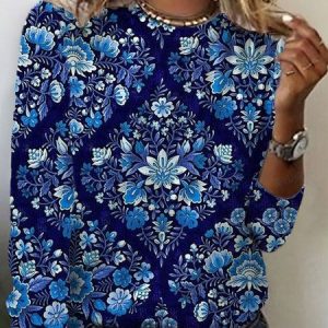Women's Long Sleeve Tee T-shirt Spring/Fall Floral Crew Neck Casual Top, JustFashionNow T-Shirts, color:Deep Blue|size:XXL,