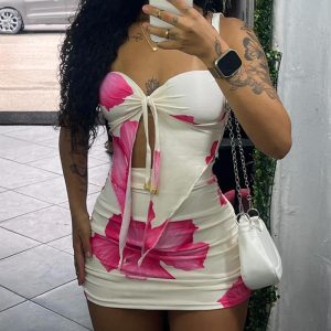 Floral Print Strapless Tied Top /w Ruched Mini Skirt Set Two-Piece Outfit, women Two-piece Sets, ChicMe catalog