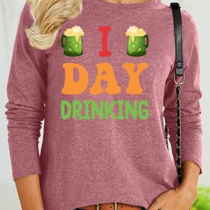 Women's Shamrock Long Sleeve Blouse_ Spring/Fall Crew Neck Holiday Casual Top, JustFashionNow Shirts, color:Pink|size:3XL,