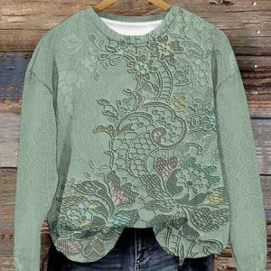 Women's Crew Neck Floral Casual Spring/Fall Long Sleeve Sweatshirt, JustFashionNow Sweatshirts & Hoodies, color:Green|size:XXL,