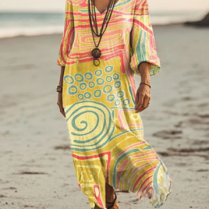 Women Sundress Vintage Abstract Short Sleeve Comfy Maxi Dress, Dresses, color:Green|size:3XL, catalog Noracora shop