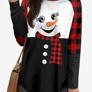 Women's Long Sleeve Tee T-shirt Spring/Fall Plaid Jersey Crew Neck Daily Going Out Casual Top, JustFashionNow T-Shirts, color:Black|size:XXL,