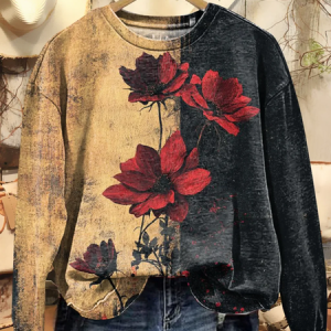 Women's vintage rose flower Art print casual short sleeve comfortable sweatshirt, Hoodies&Sweatshirts, Lilicloth.com