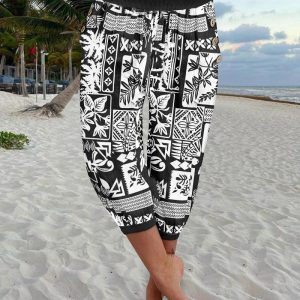 Tribal Plants Print Low Waist Button Decor Capris Pants Vacation Pants with Pocket, women Pants, ChicMe catalog