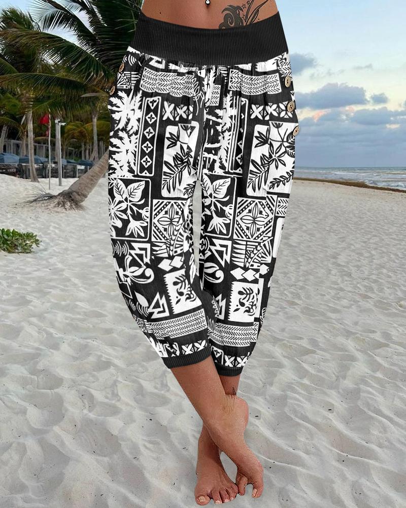 Plants Print Low Waist Wooden Button Decor Capris Pants Vacation Pants with Pockets, women Pants, ChicMe catalog - Image 2