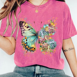 Floral Butterfly Print Wash T-Shirt, T-shirts, Lilicloth.com