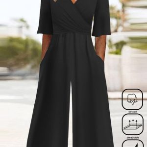 Women's Plain V Neck Short Sleeve Casual Summer Cotton Jumpsuit, JustFashionNow Jumpsuits＆Rompers, color:Black|size:XXL,