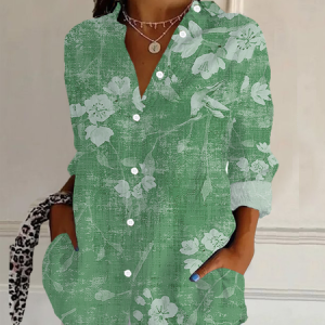 Women's Long Sleeve Shirt Spring/Fall Floral Buckle Shirt Collar Daily Going Out Casual Top, JustFashionNow Shirts, color:Green|size:XXL,