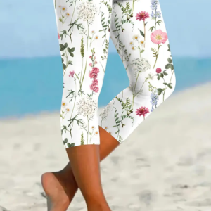 Casual Floral Capris Elastic Waist Printing Pants, Leggings, color:White|size:XXL, catalog Noracora shop